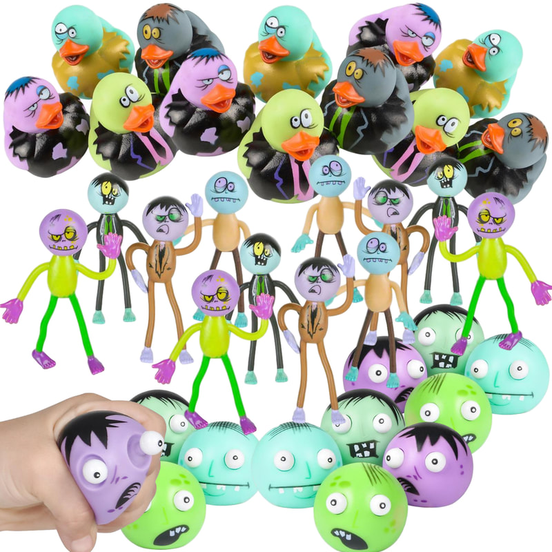 Halloween Party Favors - Zombies - Rubber Ducks, Bendables, Zombie Head Squishies with Pop Out Eyes