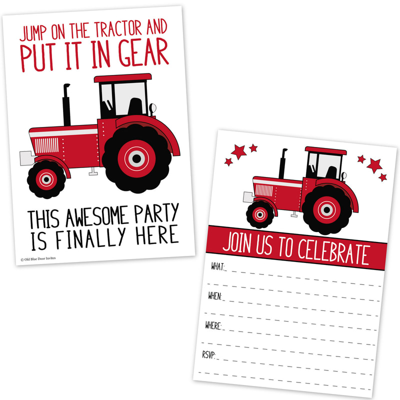 Red Tractor Barnyard Farm Birthday Party Invitations