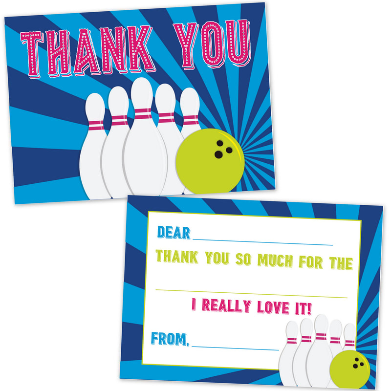Bowling Kids Birthday Party Fill in the Blank Thank You Cards