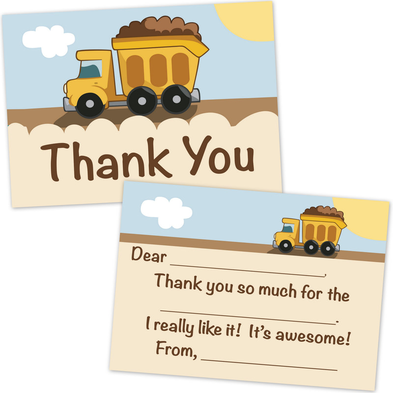 Dump Truck Construction Zone Fill in the Blank Thank You Cards for Kids