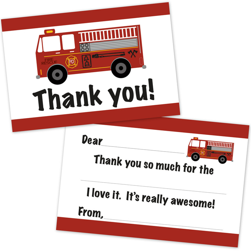 Fire Truck Fill in the Blank Thank You Cards for Kids