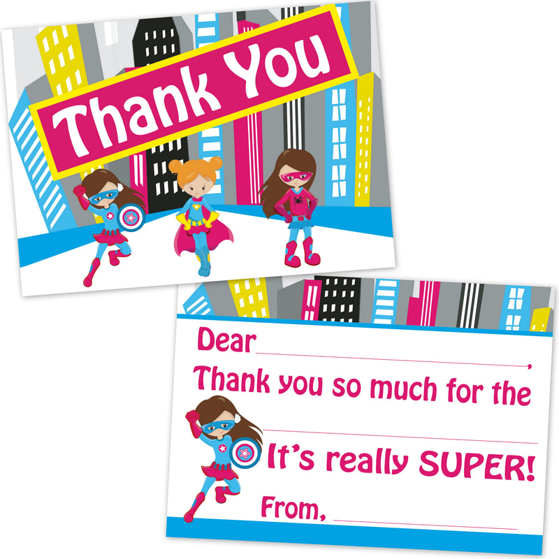 Girls Superhero Fill in the Blank Thank You Notes